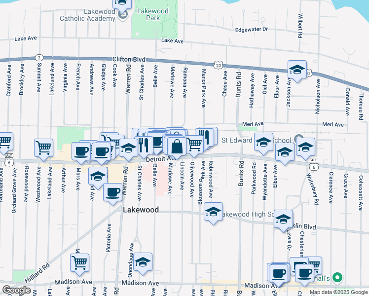 map of restaurants, bars, coffee shops, grocery stores, and more near 14404 Detroit Avenue in Lakewood