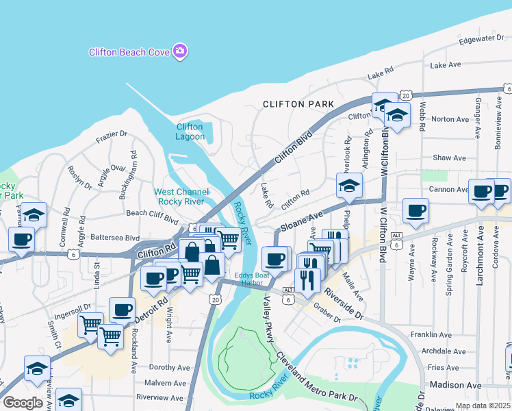 map of restaurants, bars, coffee shops, grocery stores, and more near 17908 Lake Road in Lakewood