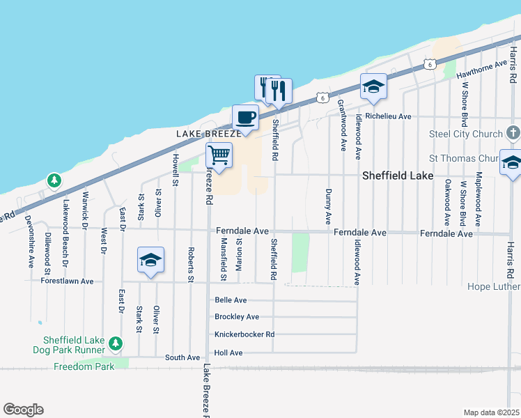 map of restaurants, bars, coffee shops, grocery stores, and more near 777 Community Road in Sheffield Lake