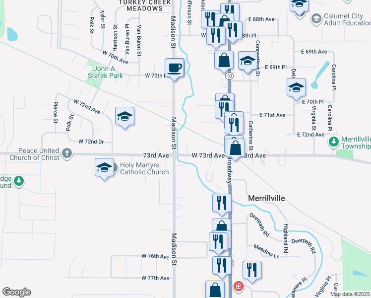 map of restaurants, bars, coffee shops, grocery stores, and more near 43-399 W Old Lincoln Hwy in Merrillville