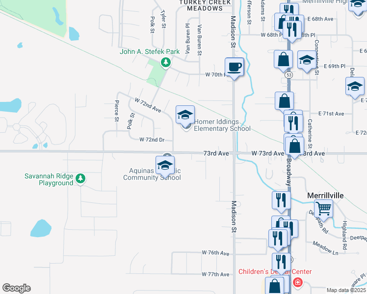 map of restaurants, bars, coffee shops, grocery stores, and more near 771 73rd Avenue in Merrillville