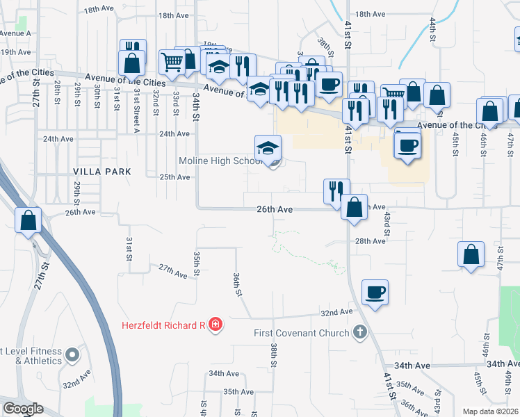 map of restaurants, bars, coffee shops, grocery stores, and more near 3500-3600 26th Avenue A in Moline
