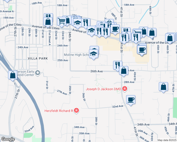 map of restaurants, bars, coffee shops, grocery stores, and more near 3500-3600 26th Avenue A in Moline