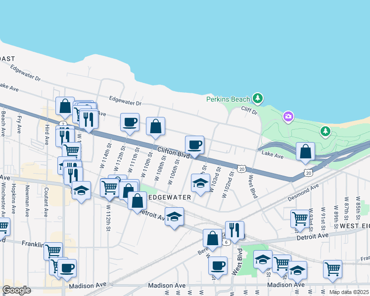 map of restaurants, bars, coffee shops, grocery stores, and more near 10428 Clifton Boulevard in Cleveland