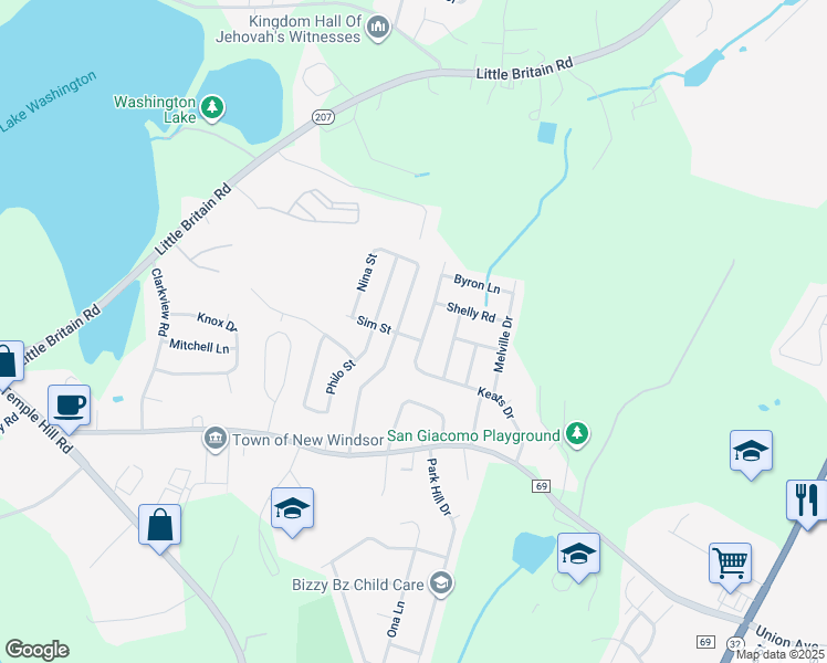 map of restaurants, bars, coffee shops, grocery stores, and more near 79 Keats Drive in New Windsor