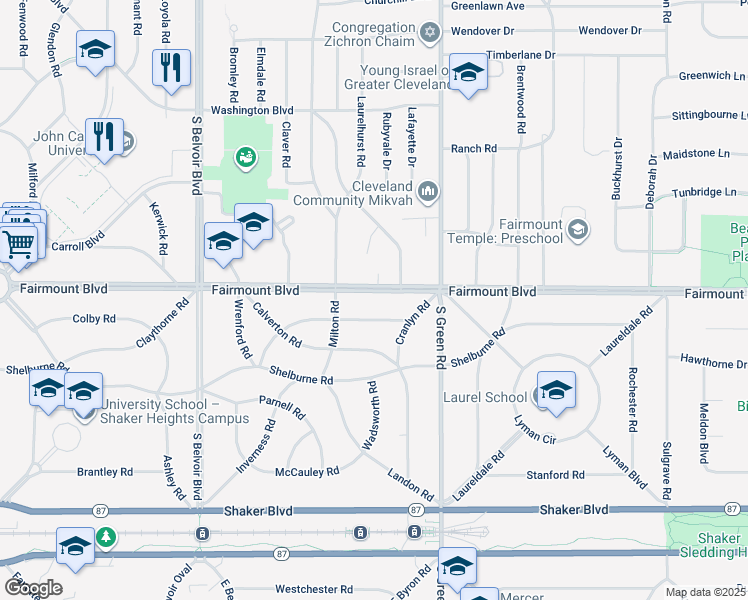 map of restaurants, bars, coffee shops, grocery stores, and more near 22575 Douglas Road in Shaker Heights
