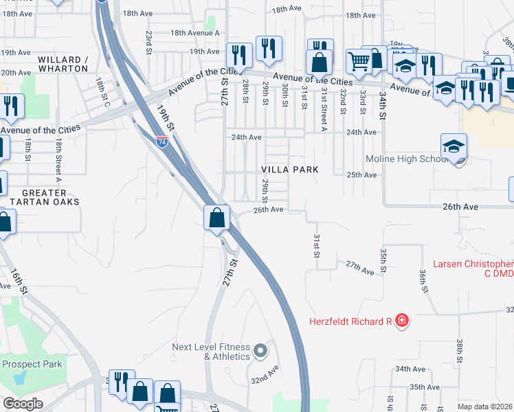 map of restaurants, bars, coffee shops, grocery stores, and more near 2900 26th Ave in Moline