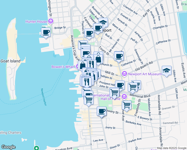 map of restaurants, bars, coffee shops, grocery stores, and more near 209 Spring Street in Newport