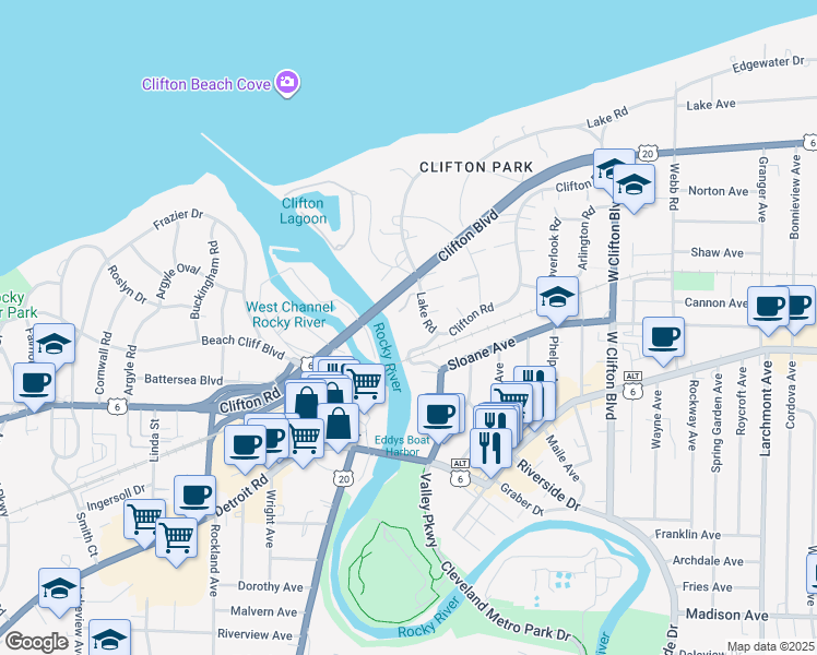 map of restaurants, bars, coffee shops, grocery stores, and more near 17908 Lake Road in Lakewood