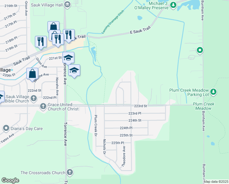 map of restaurants, bars, coffee shops, grocery stores, and more near 22214 Peach Tree Avenue in Sauk Village