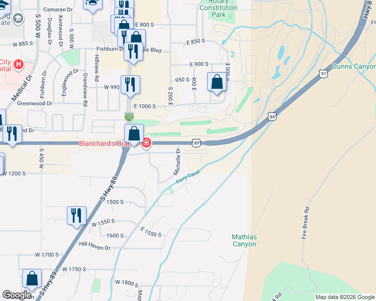 map of restaurants, bars, coffee shops, grocery stores, and more near 337 Skyline Drive in Brigham City