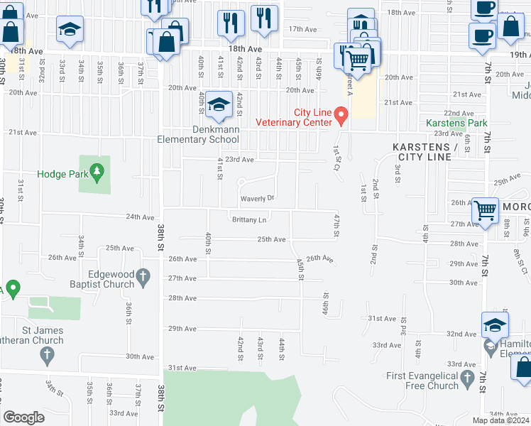 map of restaurants, bars, coffee shops, grocery stores, and more near 31 Brittany Lane in Rock Island