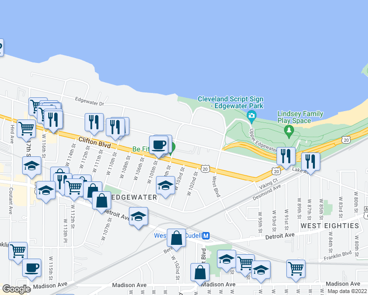 map of restaurants, bars, coffee shops, grocery stores, and more near 10220 Clifton Boulevard in Cleveland