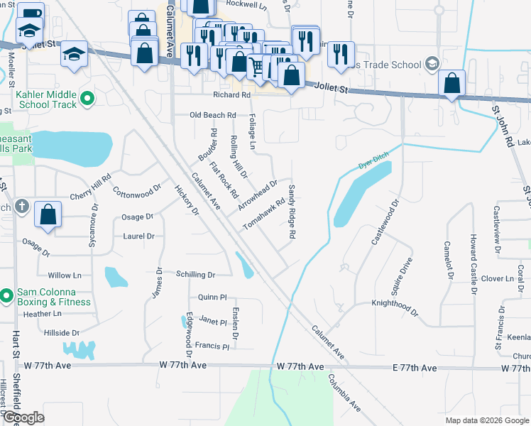 map of restaurants, bars, coffee shops, grocery stores, and more near 1020 Tomahawk Road in Dyer