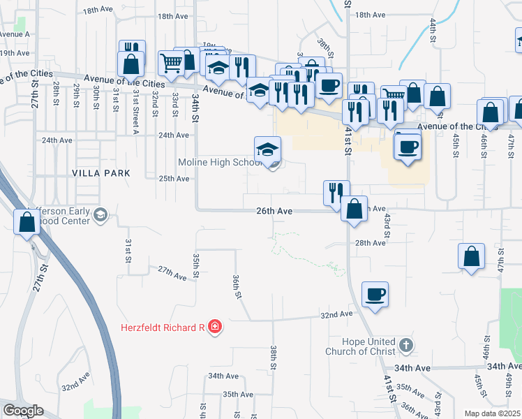 map of restaurants, bars, coffee shops, grocery stores, and more near 3500 26th Avenue A in Moline