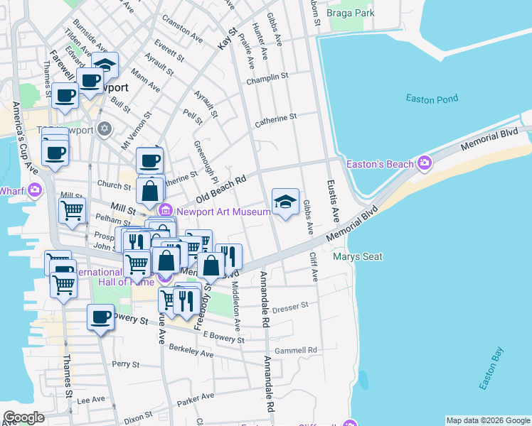 map of restaurants, bars, coffee shops, grocery stores, and more near 30 Red Cross Avenue in Newport