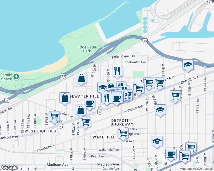 map of restaurants, bars, coffee shops, grocery stores, and more near 1329 West 69th Street in Cleveland