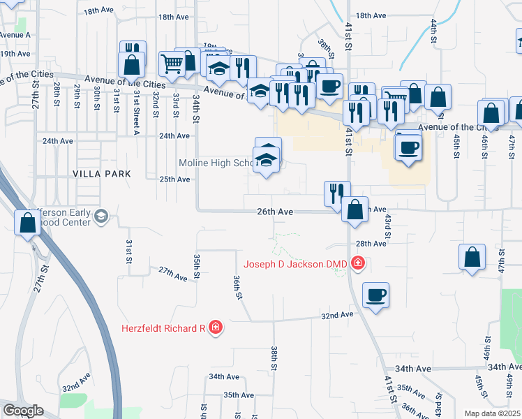 map of restaurants, bars, coffee shops, grocery stores, and more near 3500 26th Avenue A in Moline