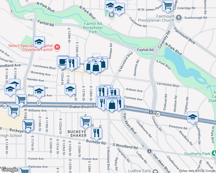 map of restaurants, bars, coffee shops, grocery stores, and more near 2642 North Moreland Boulevard in Cleveland