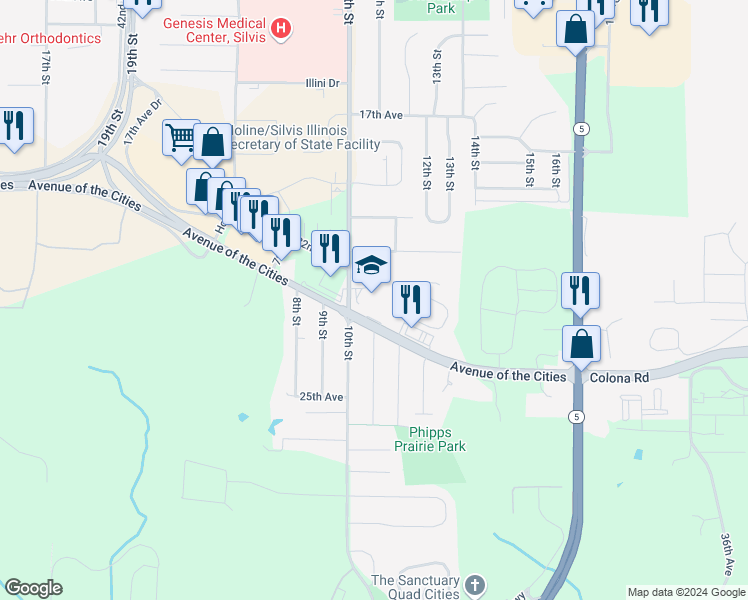 map of restaurants, bars, coffee shops, grocery stores, and more near 2221 10th Street in Silvis