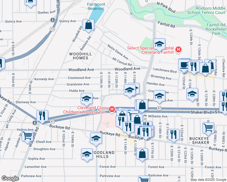 map of restaurants, bars, coffee shops, grocery stores, and more near 111 East Boulevard in Cleveland