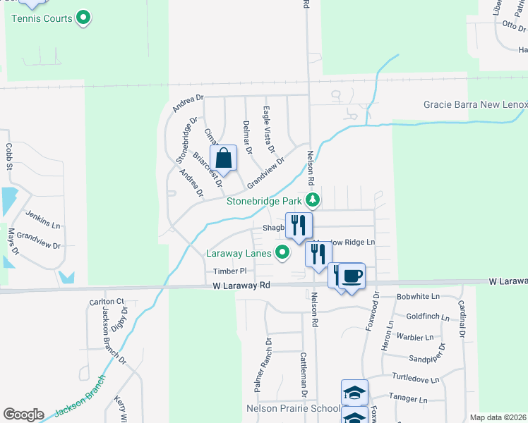 map of restaurants, bars, coffee shops, grocery stores, and more near 1115 Shagbark Road in New Lenox