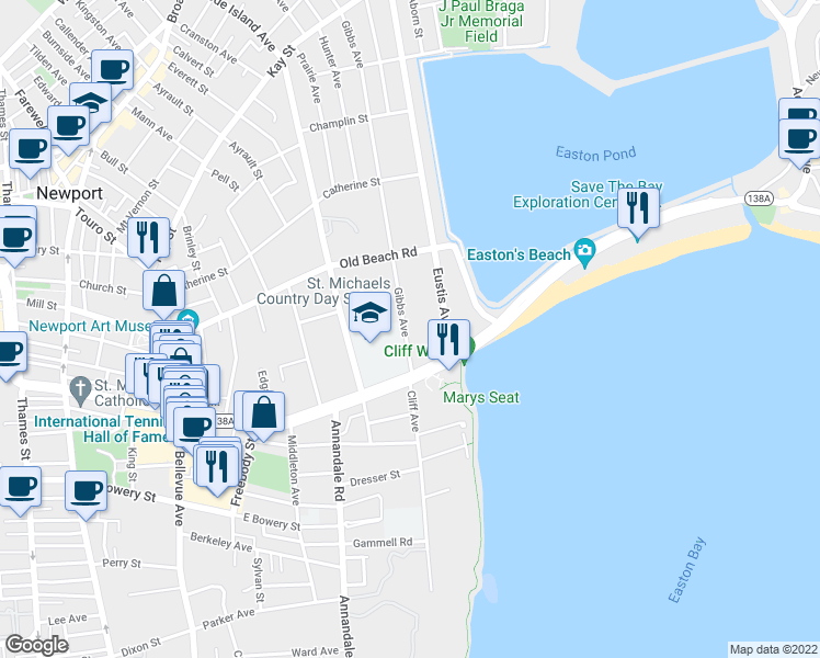 map of restaurants, bars, coffee shops, grocery stores, and more near 448 Gibbs Avenue in Newport