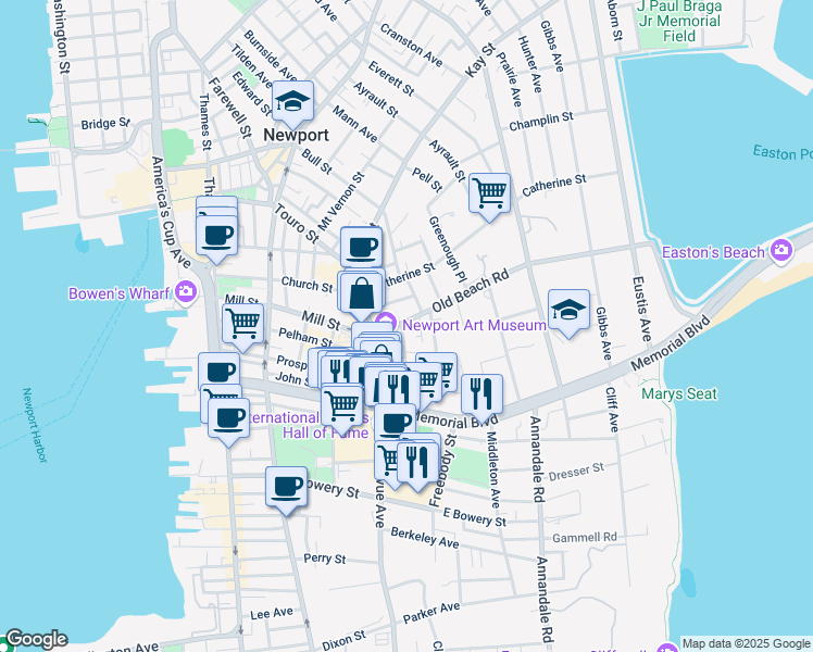 map of restaurants, bars, coffee shops, grocery stores, and more near 21 Tews Court in Newport