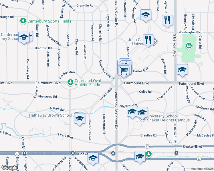 map of restaurants, bars, coffee shops, grocery stores, and more near 20300 North Park Boulevard in Shaker Heights