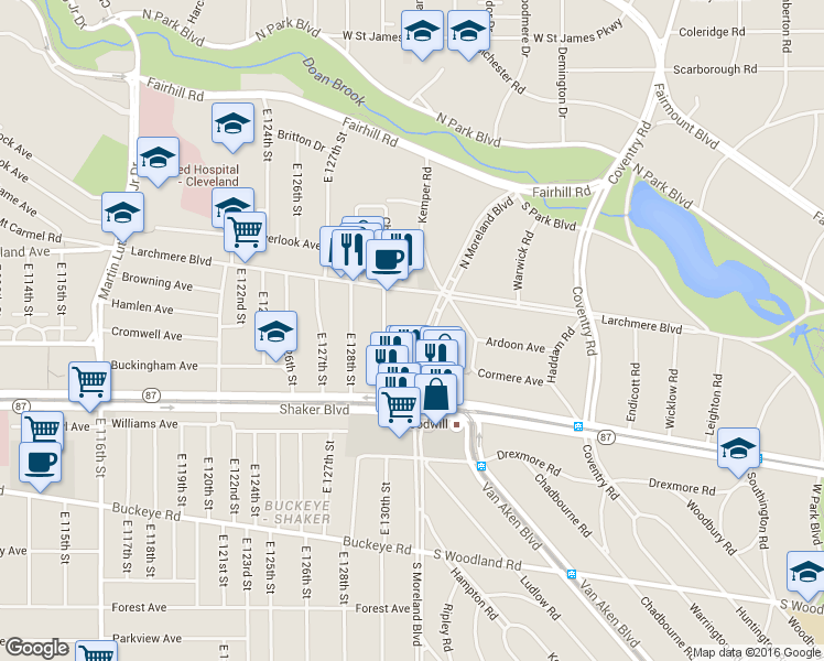 map of restaurants, bars, coffee shops, grocery stores, and more near 2666 North Moreland Boulevard in Cleveland