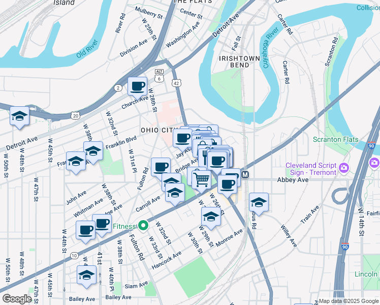map of restaurants, bars, coffee shops, grocery stores, and more near 2700 Bridge Avenue in Cleveland
