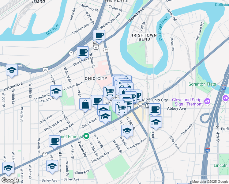 map of restaurants, bars, coffee shops, grocery stores, and more near 2700 Bridge Avenue in Cleveland