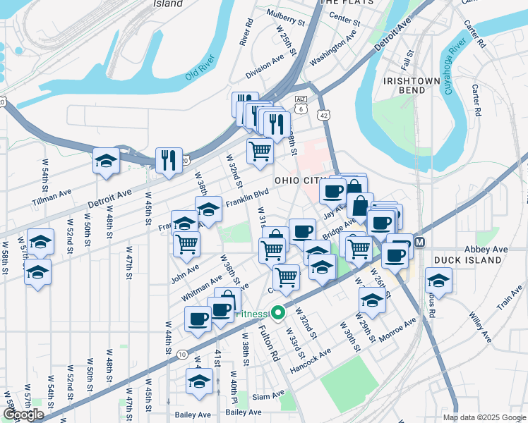 map of restaurants, bars, coffee shops, grocery stores, and more near 1746 West 31st Place in Cleveland