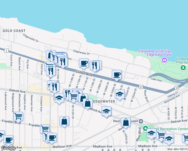 map of restaurants, bars, coffee shops, grocery stores, and more near 1273 West 111th Street in Cleveland