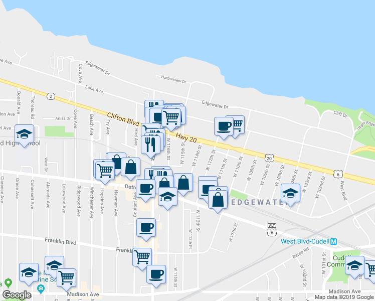 map of restaurants, bars, coffee shops, grocery stores, and more near 1314 West 115th Street in Cleveland