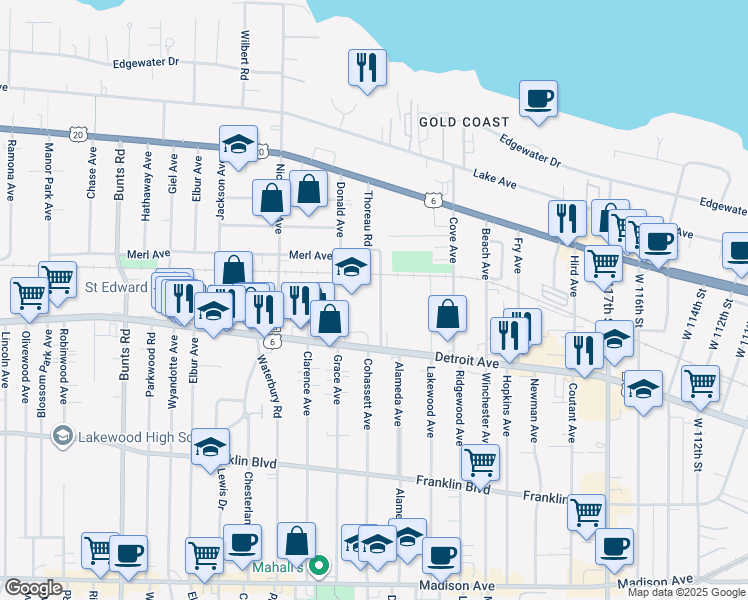map of restaurants, bars, coffee shops, grocery stores, and more near 1366 Thoreau Road in Lakewood