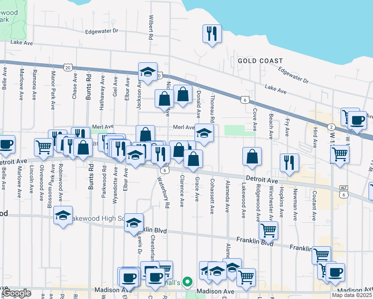 map of restaurants, bars, coffee shops, grocery stores, and more near in Lakewood