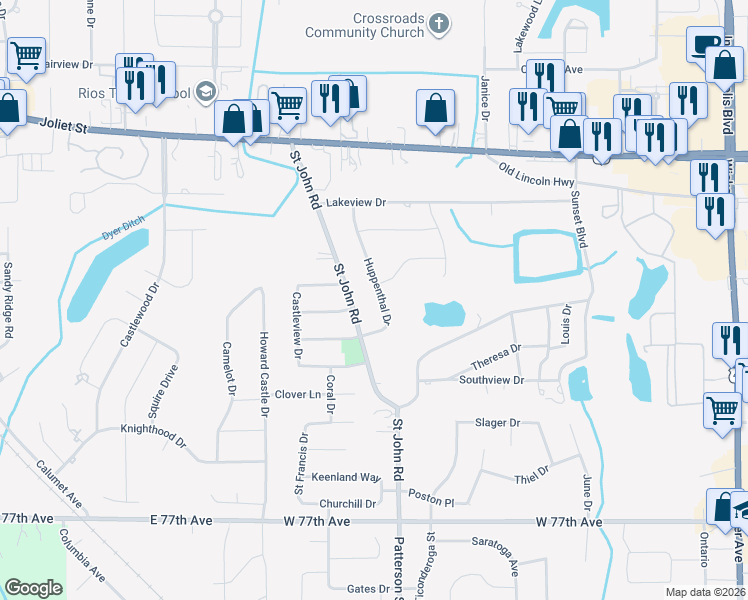 map of restaurants, bars, coffee shops, grocery stores, and more near 2020 Huppenthal Drive in Schererville