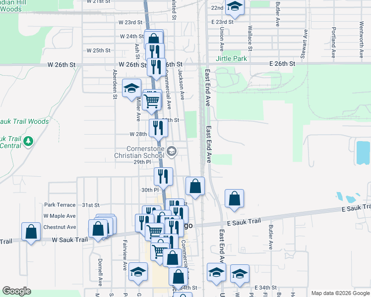 map of restaurants, bars, coffee shops, grocery stores, and more near 26 West 29th Street in South Chicago Heights