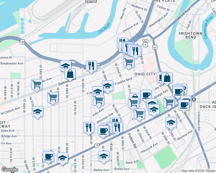 map of restaurants, bars, coffee shops, grocery stores, and more near in Cleveland