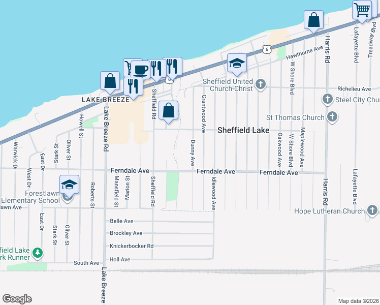 map of restaurants, bars, coffee shops, grocery stores, and more near 773 Dunny Avenue in Sheffield Lake