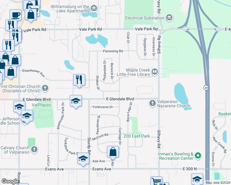 map of restaurants, bars, coffee shops, grocery stores, and more near 2210 Penwick Drive in Valparaiso
