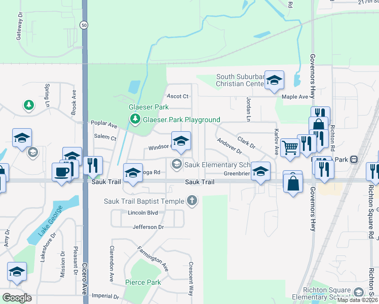 map of restaurants, bars, coffee shops, grocery stores, and more near 22160 East Churchill Drive in Richton Park