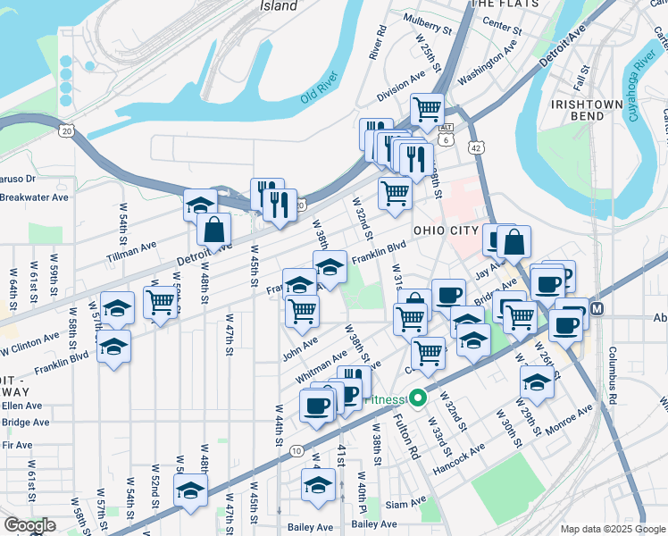 map of restaurants, bars, coffee shops, grocery stores, and more near Franklin Blvd & W 38th St in Cleveland