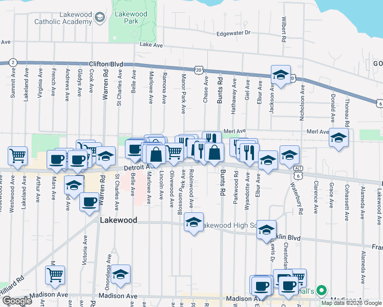 map of restaurants, bars, coffee shops, grocery stores, and more near 14202 Detroit Avenue in Lakewood