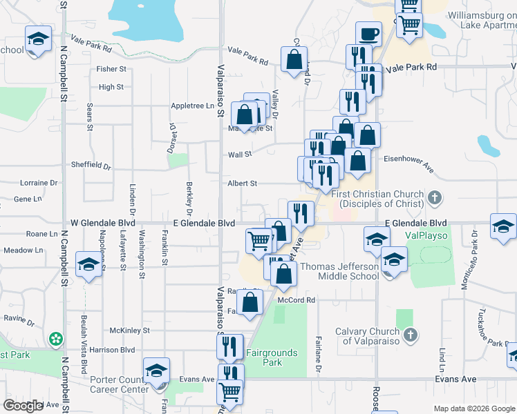 map of restaurants, bars, coffee shops, grocery stores, and more near 601 East Glendale Boulevard in Valparaiso