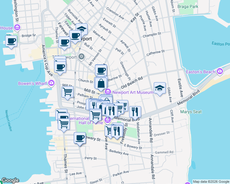 map of restaurants, bars, coffee shops, grocery stores, and more near 21 Tews Court in Newport