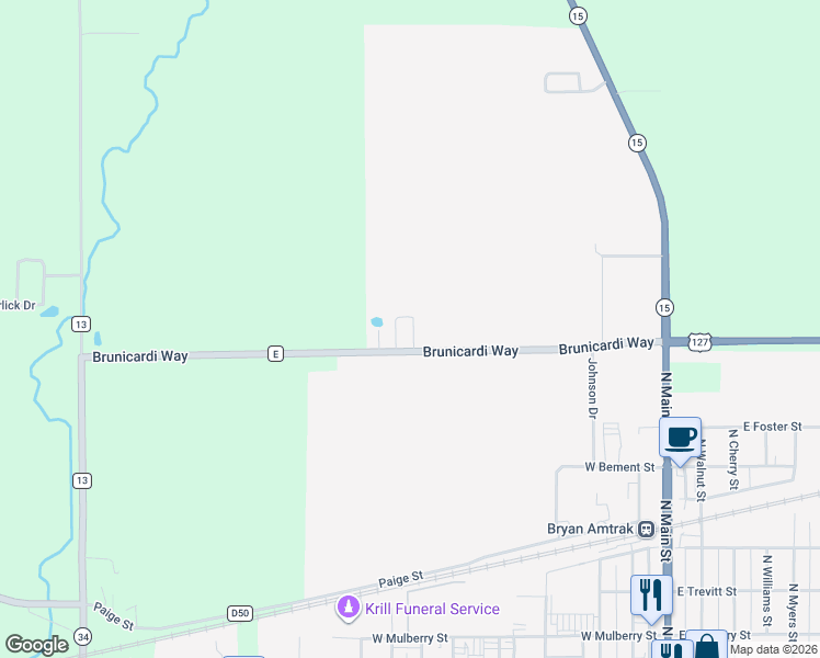 map of restaurants, bars, coffee shops, grocery stores, and more near 13538-13572 County Road East in Bryan
