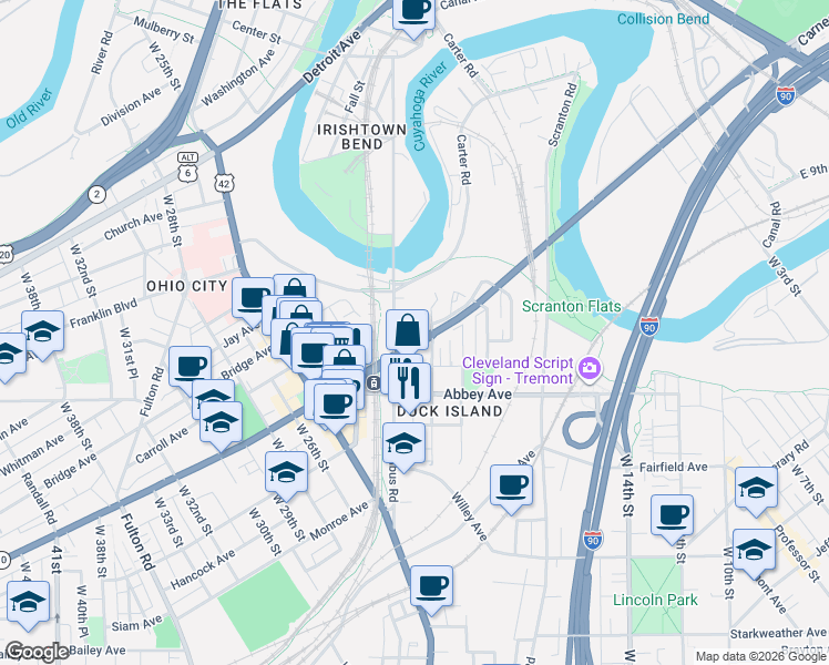 map of restaurants, bars, coffee shops, grocery stores, and more near 2104 Lorain Avenue in Cleveland