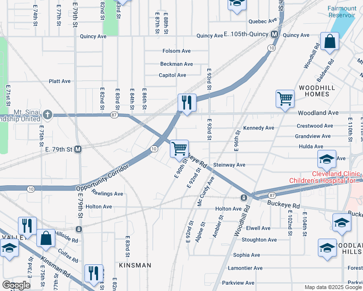 map of restaurants, bars, coffee shops, grocery stores, and more near 8910 Buckeye Road in Cleveland